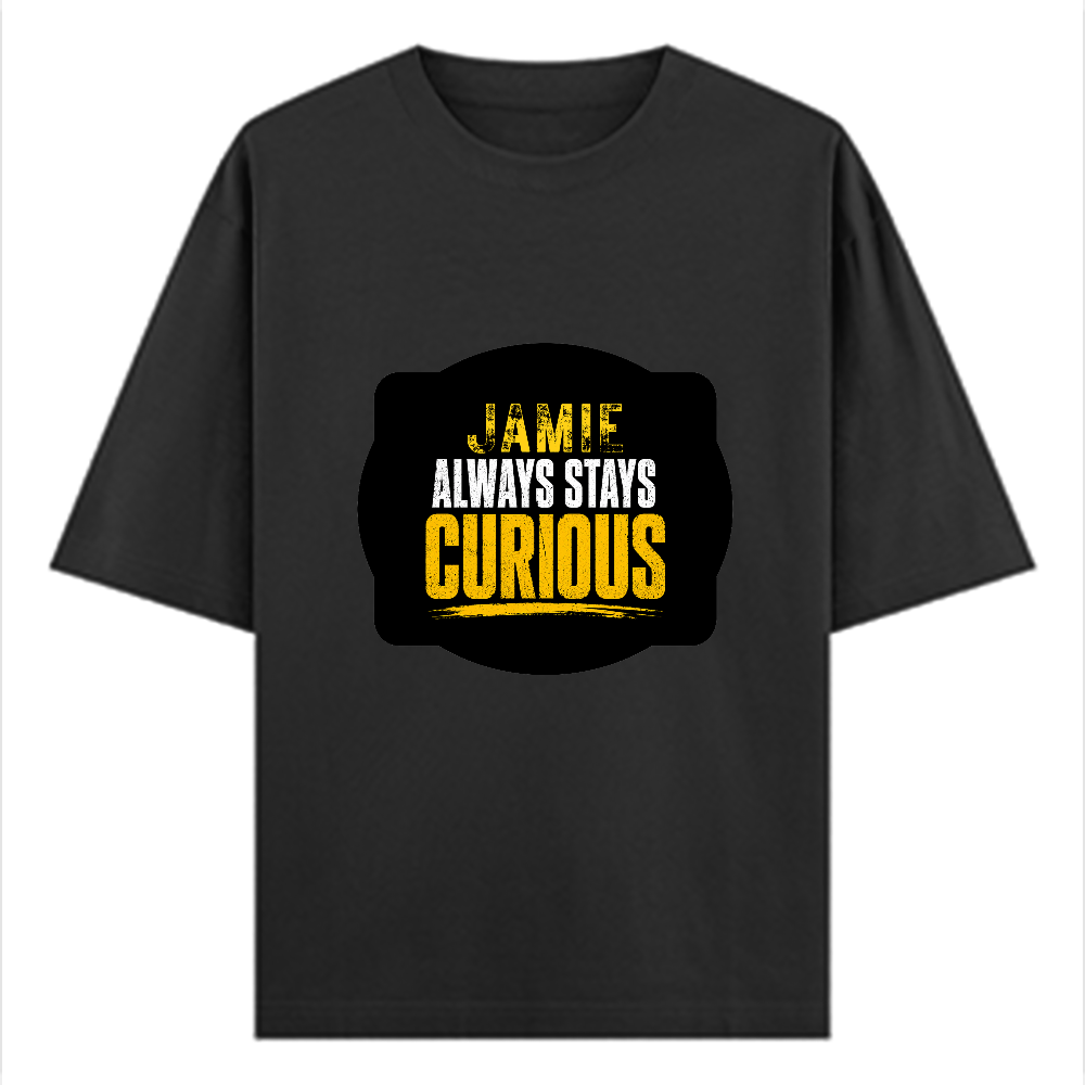 Oversized Standard T-Shirt | Unisex Oversized Fit | 180 GSM 100% Super Combed Cotton | DTF Print | Soft & Durable | Personalized | DTF | Bold Typography | Self-improvement | Everyday | Empowering | Always Stay Curious - front - Black - mockup 1