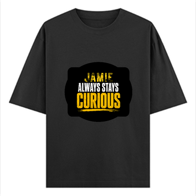 Oversized Standard T-Shirt | Unisex Oversized Fit | 180 GSM 100% Super Combed Cotton | DTF Print | Soft & Durable | Personalized | DTF | Bold Typography | Self-improvement | Everyday | Empowering | Always Stay Curious - front - Black - mockup 1