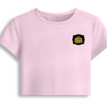 Female Baby Tee | Cropped Fitted | Cotton Spandex Blend | Pre-shrunk Stretch | Women's | Personalized | DTF | Bold Typography | Self-improvement | Everyday | Empowering | Always Stay Curious - left pocket - Light Baby Pink - mockup 3