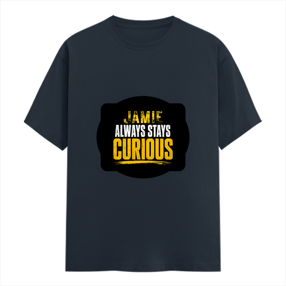 Female Classic Crew T-Shirt | Women's Regular Fit | 180 GSM Bio-Washed Cotton | Double Stitched, Pre-Shrunk | Personalized | DTG | Bold Typography | Self-improvement | Everyday | Empowering | Always Stay Curious - front - Navy Blue - mockup 1