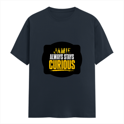 Female Classic Crew T-Shirt | Women's Regular Fit | 180 GSM Bio-Washed Cotton | Double Stitched, Pre-Shrunk | Personalized | DTG | Bold Typography | Self-improvement | Everyday | Empowering | Always Stay Curious - front - Navy Blue - mockup 1