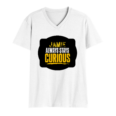 Men's V-Neck T-Shirt | Regular Fit | 180 GSM Bio-Washed Cotton | DTG Print | Durable | Personalized | DTG | Bold Typography | Self-improvement | Everyday | Empowering | Always Stay Curious - front - White - mockup 1