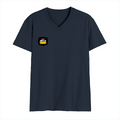 Men's V-Neck T-Shirt | Regular Fit | 180 GSM Bio-Washed Cotton | DTG Print | Durable | Personalized | DTG | Bold Typography | Self-improvement | Everyday | Empowering | Always Stay Curious - right pocket - Navy Blue - mockup 4
