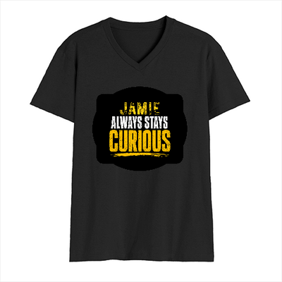 Male V Neck T-Shirt | Regular Fit | 180 GSM Bio-Washed Cotton | DTF Print | Double Stitched, Pre-Shrunk | Men | Personalized | DTF | Bold Typography | Self-improvement | Everyday | Empowering | Always Stay Curious - front - Black - mockup 1