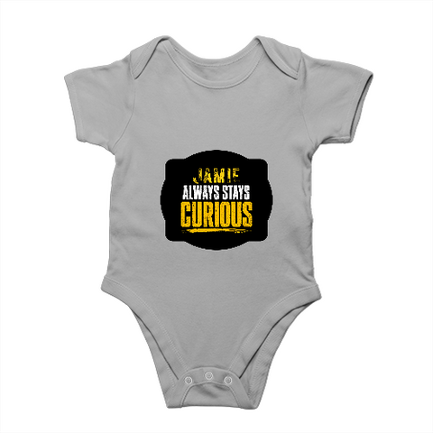 Baby Romper | 0-12 Months Regular Fit | 180 GSM Bio-Washed Cotton Blend | Double Stitched, Pre-Shrunk | Unisex | Personalized | DTF | Bold Typography | Self-improvement | Everyday | Empowering | Always Stay Curious - front - Grey Melange - mockup 1