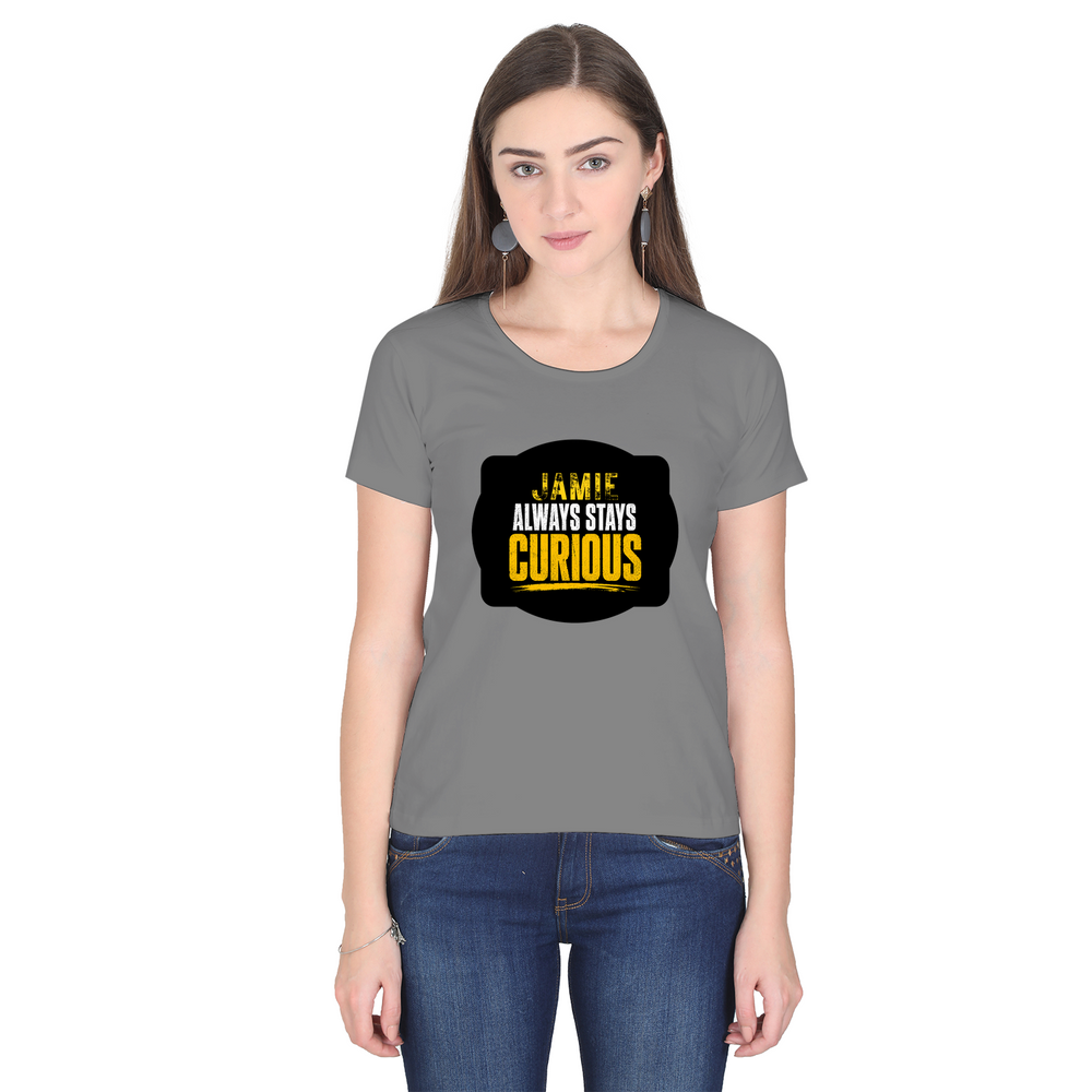 Women's Classic Crew T-Shirt | Regular Fit | 180 GSM Bio-Washed Cotton | DTF Print Ready | Double Stitched, Pre-Shrunk | Personalized | DTF | Bold Typography | Self-improvement | Everyday | Empowering | Always Stay Curious - front - Charcoal Melange - mockup 1