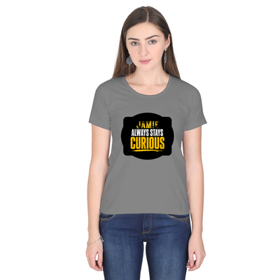 Women's Classic Crew T-Shirt | Regular Fit | 180 GSM Bio-Washed Cotton | DTF Print Ready | Double Stitched, Pre-Shrunk | Personalized | DTF | Bold Typography | Self-improvement | Everyday | Empowering | Always Stay Curious - front - Charcoal Melange - mockup 1
