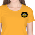 Women's Classic Crew T-Shirt | Regular Fit | 180 GSM Bio-Washed Cotton | DTF Print Ready | Double Stitched, Pre-Shrunk | Personalized | DTF | Bold Typography | Self-improvement | Everyday | Empowering | Always Stay Curious - left pocket - Golden Yellow - mockup 3