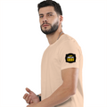 Men's Classic Crew T-Shirt | Regular Fit | 180 GSM Bio-Washed Cotton | DTF Print Ready | Pre-Shrunk, Durable | Personalized | DTF | Bold Typography | Self-improvement | Everyday | Empowering | Always Stay Curious - left sleeve - Peach - mockup 5