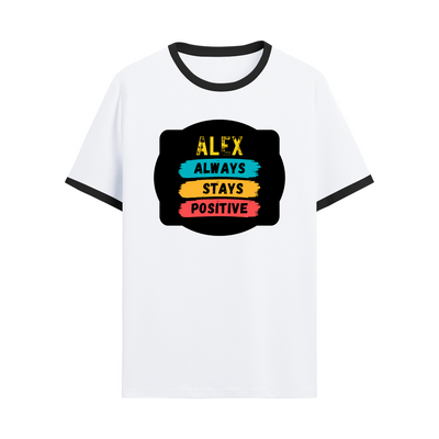 Ringer T-shirt | Unisex | DTG Print | Contrast Trim | Men's, Women's | Personalized | DTG | Graphic | Positivity | Motivation | Everyday | Optimistic | Always Stay Positive - front - Black White - mockup 1