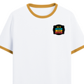 Ringer T-shirt | Unisex | DTG Print | Contrast Trim | Men's, Women's | Personalized | DTG | Graphic | Positivity | Motivation | Everyday | Optimistic | Always Stay Positive - left pocket - Mustard yellow off white - mockup 3