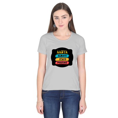 Women's Classic Crew T-Shirt | Regular Fit | 180 GSM Bio-Washed Cotton | DTF Print Ready | Double Stitched, Pre-Shrunk | Personalized | DTF | Graphic | Positivity | Motivation | Everyday | Optimistic | Always Stay Positive - front - Grey Melange - mockup 1