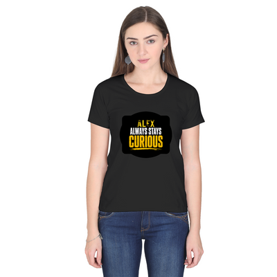 Women's Classic Crew T-Shirt | Regular Fit | 180 GSM Bio-Washed Cotton | DTF Print Ready | Double Stitched, Pre-Shrunk | Personalized | DTF | Bold Typography | Self-improvement | Everyday | Empowering | Always Stay Curious - front - Black - mockup 1