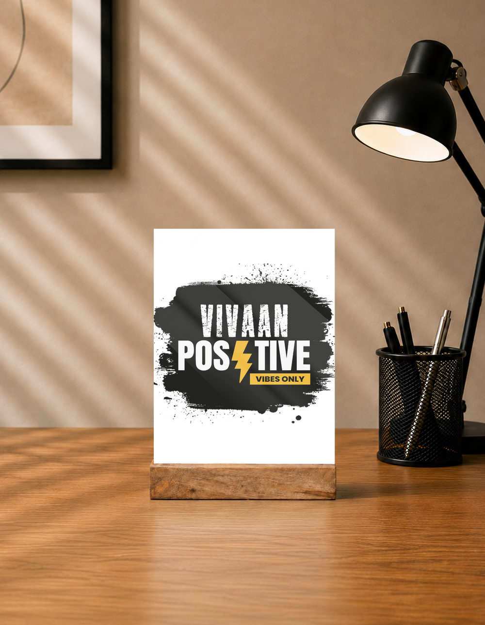 Acrylic Photo Frame | 5x7 Tabletop Display | UV Printed Acrylic & Wood Stand | Personalized Gift & Home Decor | Personalized | Bold | Positivity | Motivation | Everyday | Energetic | Positive Vibes Only - front - mockup 1