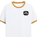 Ringer T-shirt | Unisex Regular Fit | 100% Cotton DTF/DTG | Contrast Rib Neck Bio Washed Pre-Shrunk | Adults | Personalized | DTF | Bold | Positivity | Motivation | Everyday | Energetic | Positive Vibes Only - left pocket - Mustard yellow off white - mockup 3