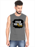 Men's Sleeveless T-Shirt | Regular Fit | 180 GSM Bio-Washed Cotton DTG | Pre-Shrunk, Double Stitched | For Gym & Casual Wear | Personalized | DTG | Bold | Positivity | Motivation | Everyday | Energetic | Positive Vibes Only - front - Charcoal Melange - mockup 1