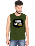 Men's Sleeveless T-Shirt | Regular Fit | 180 GSM Bio-Washed Cotton DTG | Pre-Shrunk, Double Stitched | For Gym & Casual Wear | Personalized | DTG | Bold | Positivity | Motivation | Everyday | Energetic | Positive Vibes Only - front - Olive Green - mockup 1