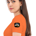Women's Classic Crew T-Shirt | Regular Fit | 180 GSM Bio-Washed Cotton | DTF Print Ready | Double Stitched, Pre-Shrunk | Personalized | DTF | Bold | Positivity | Motivation | Everyday | Energetic | Positive Vibes Only - left sleeve - Orange - mockup 5