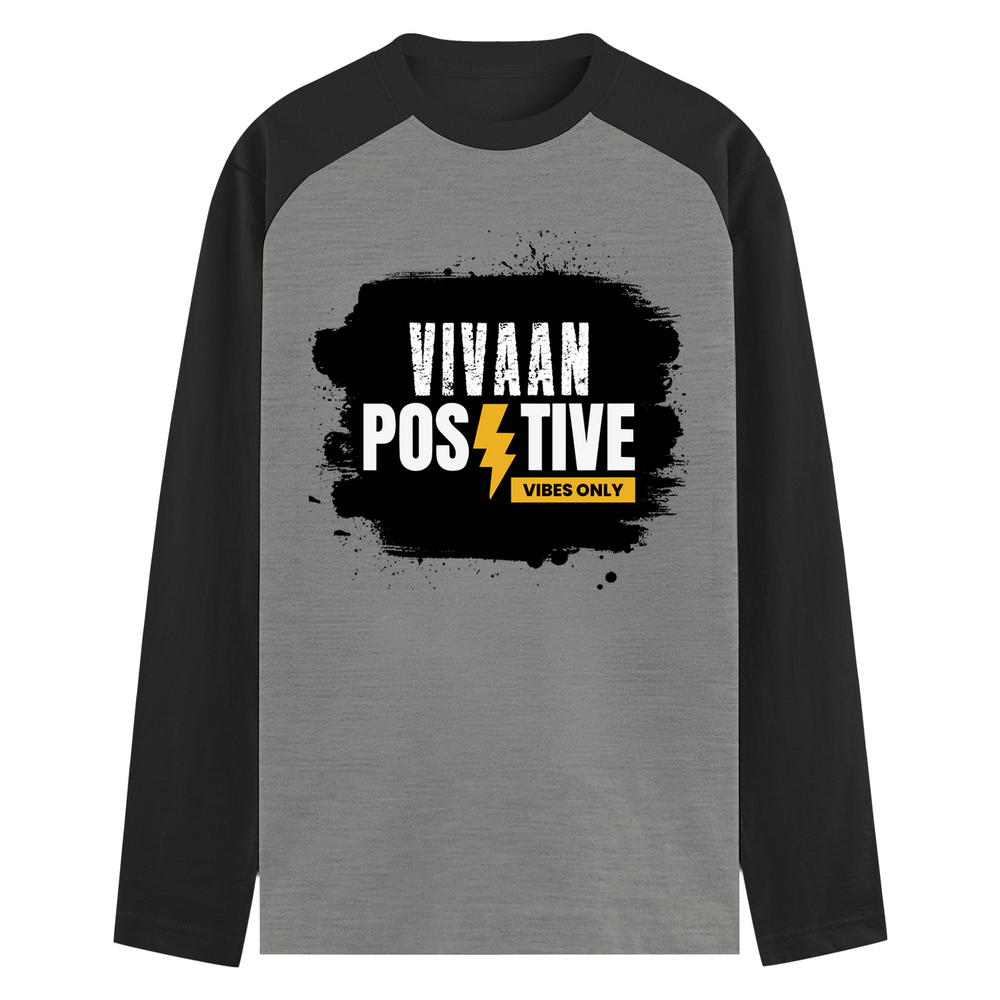 Male Raglan T-Shirt | Men's Regular Fit | 180 GSM Bio-Washed Cotton Blend | DTG Printed | Durable & Pre-Shrunk | Personalized | DTG | Bold | Positivity | Motivation | Everyday | Energetic | Positive Vibes Only - front - mockup 1
