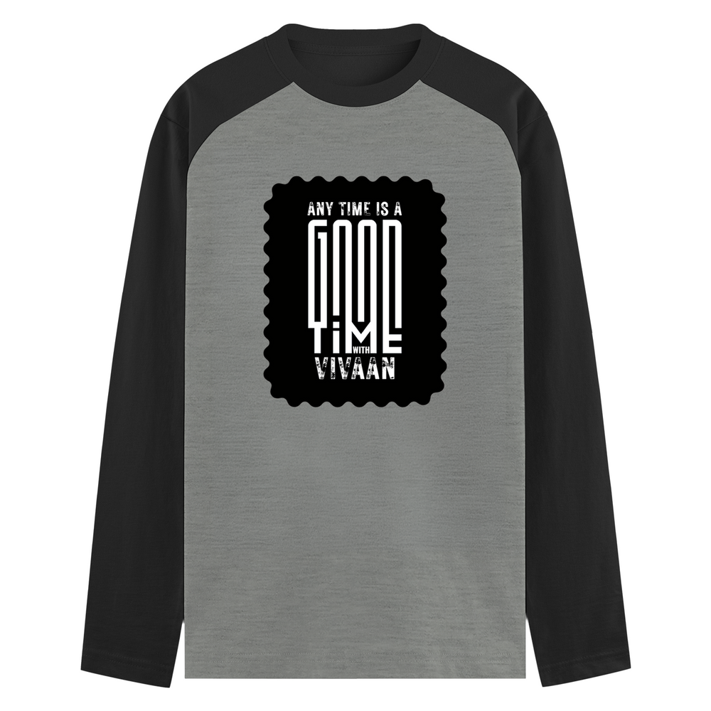 Male Raglan T-Shirt | Regular Fit for Men | 180 GSM Bio-Washed Cotton Blend | DTF Print, Double Stitched, Ribbed Neck, Colorfast | Personalized | DTF | Typography | Friendship | Connection | Everyday | Positive | Good Time Anytime - front - mockup 1