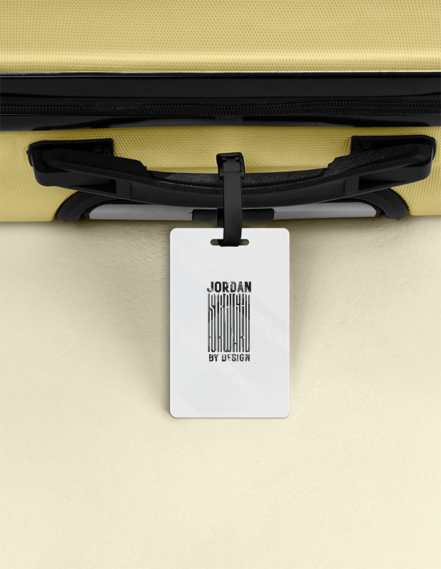 Luggage Tag | Travel Accessory | Acrylic UV Printed | Double-Sided, Secure Strap, Durable | Unisex | Personalized | Typography | Design | Identity | Everyday | Confident | Straight By Design - front - White - mockup 1