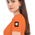 Female Classic Crew T-Shirt | Women's Regular Fit | 180 GSM Bio-Washed Cotton | Pre-Shrunk, Double Stitched | DTF Print | Personalized | DTF | Typography | Self-expression | Everyday | Confident | Effortlessly Chill - left sleeve - Orange - mockup 5