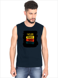 Male Sleeveless T-Shirt | Men's Regular Fit | Bio-Washed Cotton | DTG Printed | Gym & Everyday Comfort | Personalized | DTG | Typography | Self-improvement | Everyday | Positive | Makes Today Great - front - Navy Blue - mockup 1