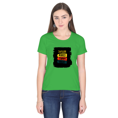 Female Classic Crew T-Shirt | Women's Regular Fit | 180 GSM Bio-Washed Cotton | Pre-Shrunk, Double Stitched | DTF Print | Personalized | DTF | Typography | Self-improvement | Everyday | Positive | Makes Today Great - front - Flag Green - mockup 1