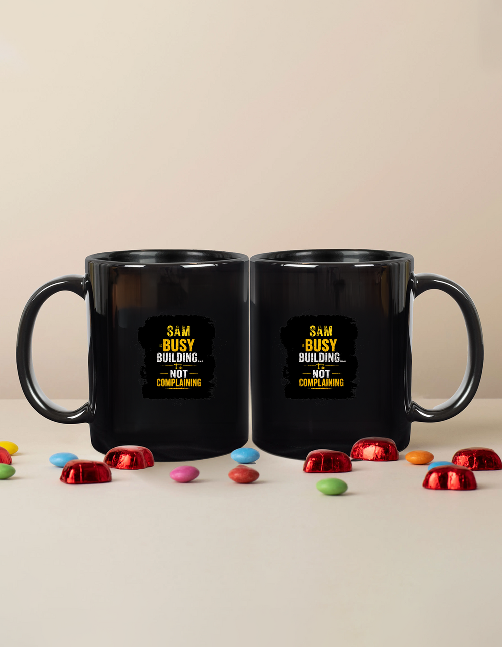 Black Coffee Mug | 11 oz | Ceramic Sublimation | Fade-Proof Print | Unisex | Personalized | Typography | Productivity | Ambition | Everyday | Empowering | Busy Building, Not Complaining - front - mockup 1
