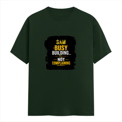 Male Classic Crew T-Shirt | Men's Regular Fit | 180 GSM Bio-Washed Cotton | DTF Print | Pre-Shrunk & Durable | Personalized | DTF | Typography | Productivity | Ambition | Everyday | Empowering | Busy Building, Not Complaining - front - Bottle Green - mockup 1