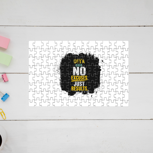 Jigsaw Puzzle | 120 Pieces | A4 Size | Recycled Paper | Semi-Glossy Finish | Fade-Proof Print | Engaging Entertainment | Unisex | Personalized | Bold Graphic | Motivation | Success | Everyday | Empowering | No Excuses, Just Results - front - mockup 1