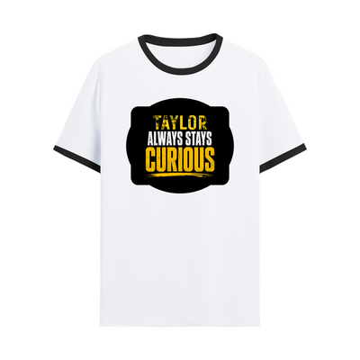 Ringer T-shirt | Unisex Fit | 100% Cotton | DTF Print | Bio Washed & Pre Shrunk | Adults | Personalized | DTF | Typography | Mindset | Everyday | Motivational | Always Curious - front - Black White - mockup 1