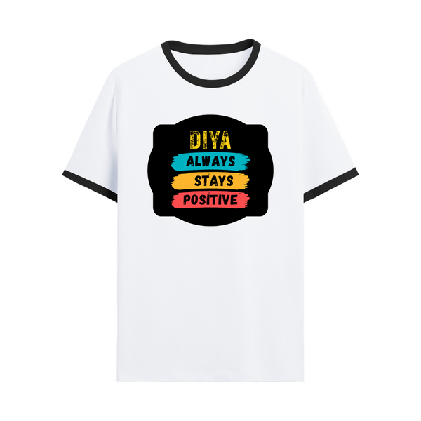Ringer T-shirt | Unisex Fit | 100% Cotton | Bio-Washed & Pre-Shrunk | Adults | Personalized | DTG | Typography | Positivity | Everyday | Uplifting | Always Stay Positive - front - Black White - mockup 1