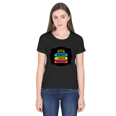 Female Classic Crew T-Shirt | Women's Regular Fit | 180 GSM Bio-Washed Cotton | Pre-Shrunk, Double Stitched | DTF Print | Personalized | DTF | Typography | Positivity | Everyday | Uplifting | Always Stay Positive - front - Black - mockup 1