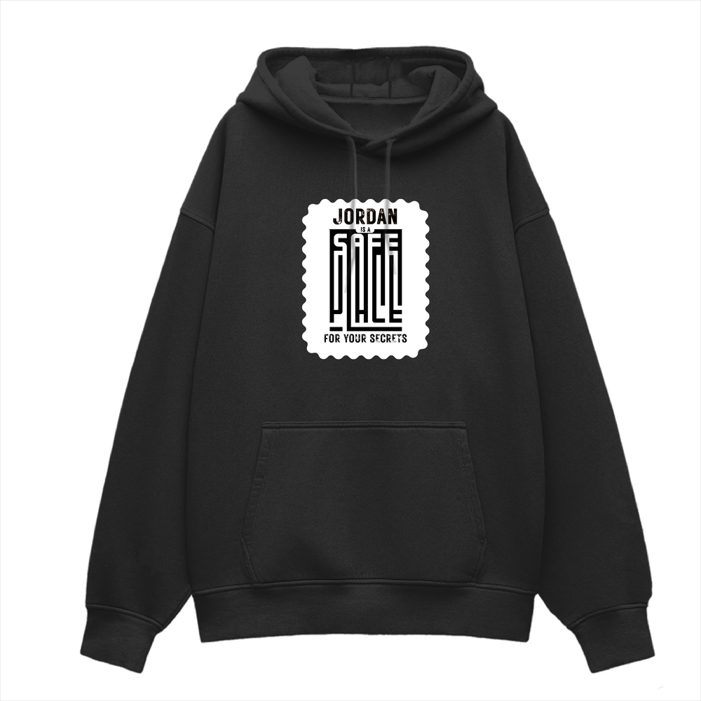 Oversized Hoodie | Relaxed Fit Unisex | 400 GSM Cotton Blend DTG Printed | Pre-Shrunk Drop Shoulder | Adult | Personalized | DTG | Typography | Trust | Secrets | Everyday - front - Black - mockup 1