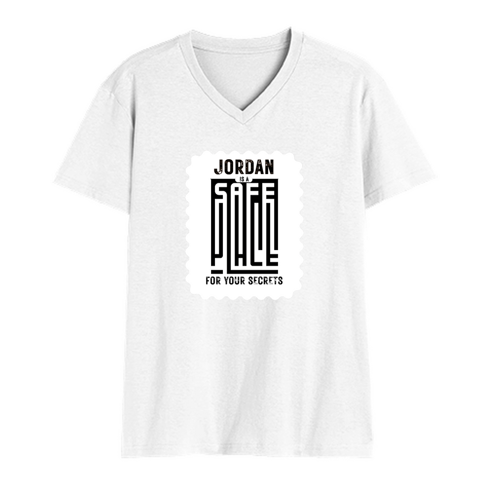 Male V Neck T-Shirt | Men's Regular Fit | 180 GSM Bio-Washed Cotton | DTG Print | Double Stitched Seams | Personalized | DTG | Typography | Trust | Secrets | Everyday - front - White - mockup 1