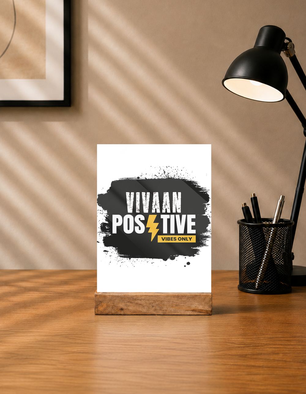 Acrylic Photo Frame with Stand | 5x7 Inch | Acrylic & Wood | UV Printed Tabletop Display | Universal | Personalized | Bold Graphic | Positive Affirmations | Motivation | Self-care | Uplifting | Positive Vibes Only - front - mockup 1