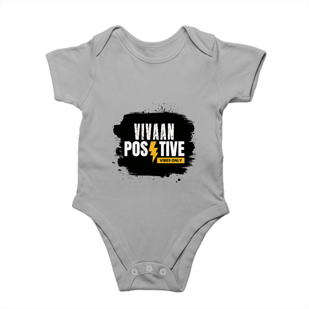 Baby Romper | 0-12 Months | 180 GSM Bio-Washed Cotton | Double-Stitched, Pre-Shrunk | Unisex | Personalized | Bold Graphic | Positive Affirmations | Motivation | Self-care | Uplifting | Positive Vibes Only - front - Grey Melange - mockup 1