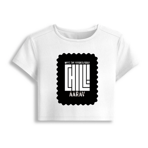 Female Baby Tee | Cropped Fit | Cotton Spandex Blend | Stretchy & Breathable | Women | Personalized | Typography | Self-concept | Everyday | Calm | Effortlessly Chill - front - White - mockup 1
