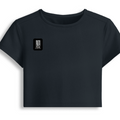 Female Baby Tee | Cropped Fit | Cotton Spandex Blend | Stretchy & Breathable | Women | Personalized | Typography | Control | Everyday | Confident | Calm Under Pressure - right pocket - Navy Blue - mockup 4