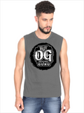 Male Sleeveless T-Shirt | Regular Fit Men | 180 GSM Bio-Washed Cotton Blend | Pre-Shrunk, Double-Stitched | Personalized | Typography | Identity | Everyday | Confident | Call Me OG Guru - front - Charcoal Melange - mockup 1