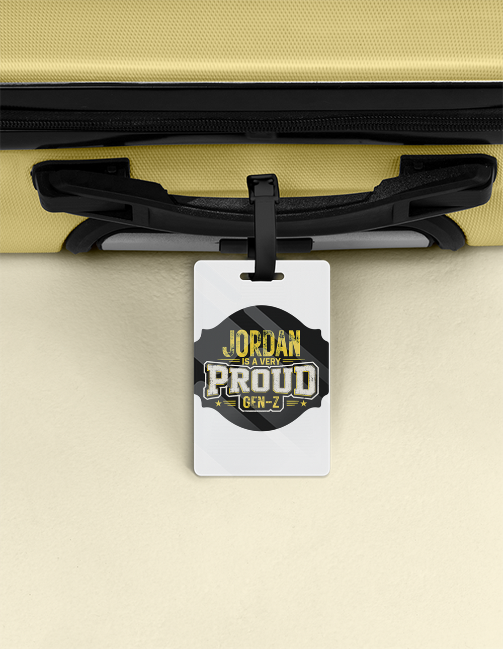 Luggage Tag | Travel Accessory | Acrylic | Durable, Double-Sided, Secure Strap | Unisex | Personalized | Typography | Generational Identity | Youth Culture | Assertive | Proud Gen Z - front - White - mockup 1