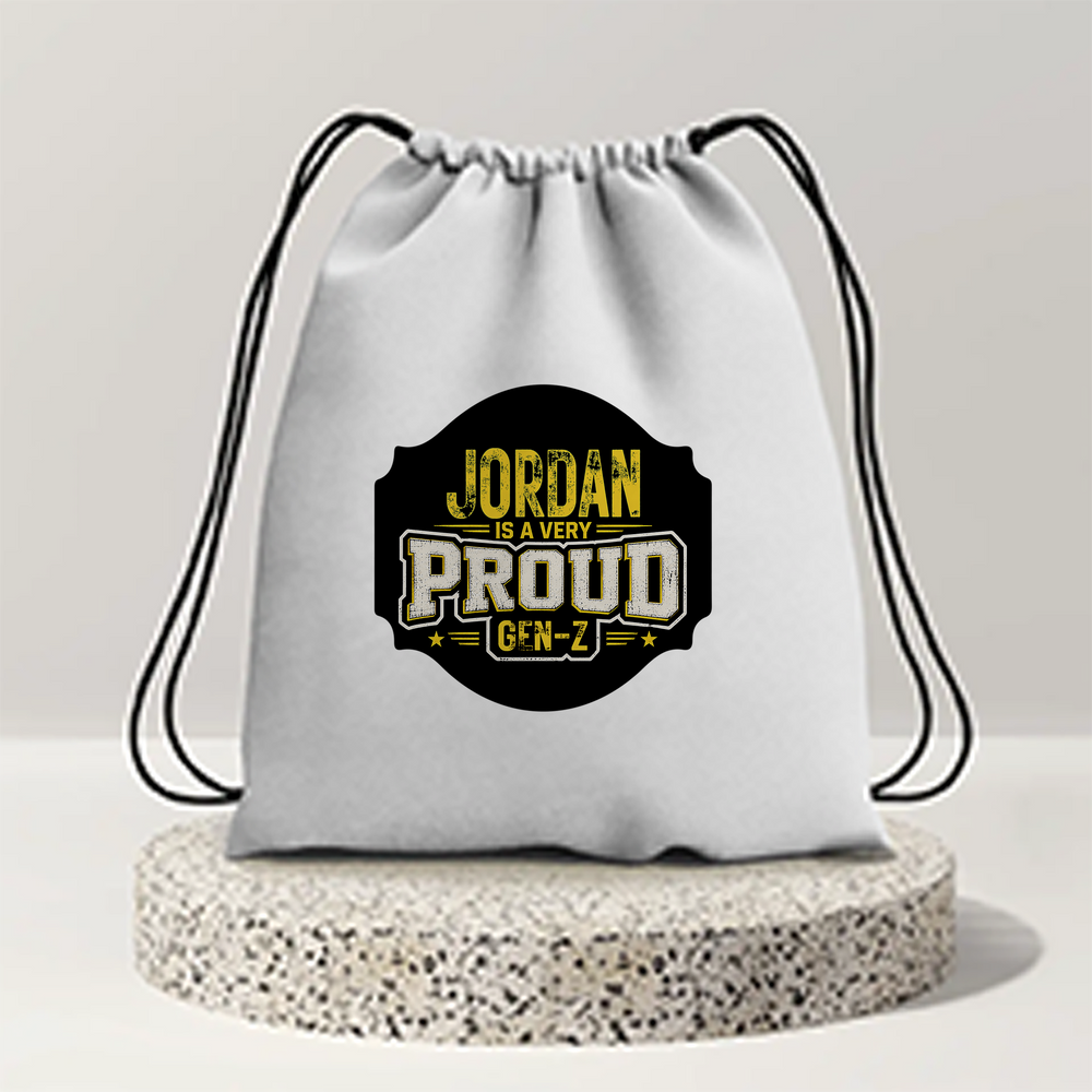 Drawstring Bag | 280 GSM | Durable Cotton | Secure Closure | Unisex | Personalized | Typography | Generational Identity | Youth Culture | Assertive | Proud Gen Z - front - mockup 1