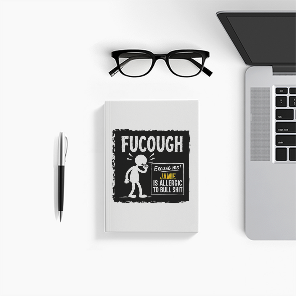 Notebook Journal | A5 Size | 300 GSM Cover, 70 GSM Eco-Friendly Pages | Soft Bound, Ruled/Unruled | Unisex | Personalized | Typography | Sarcasm | Humor | Everyday | Humorous | Allergic To Bullshit - front - White - mockup 1