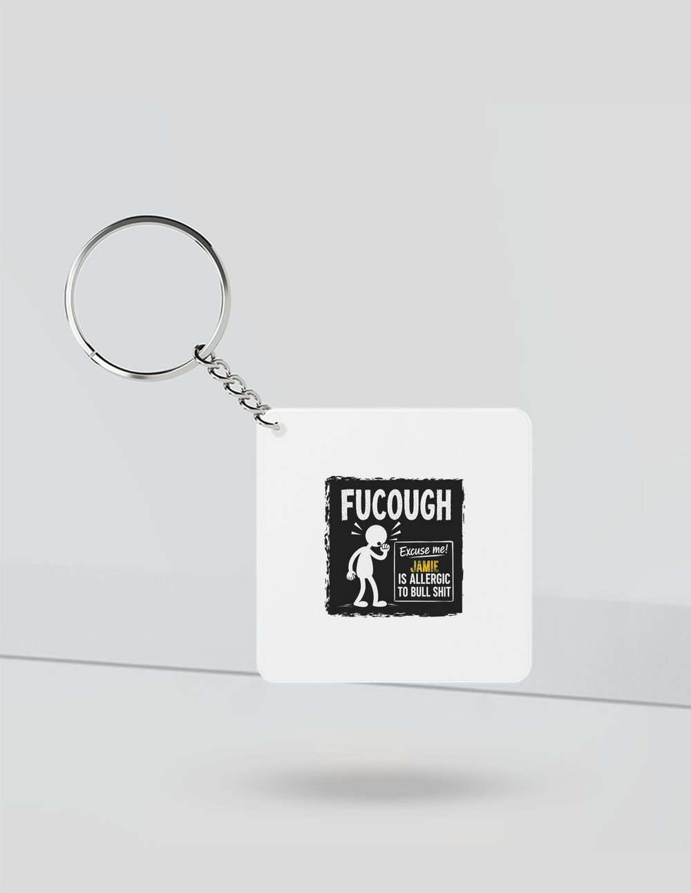 Keychain | Rectangle Square Slim | Durable Acrylic | Fade-Proof Glossy Finish | Unisex | Personalized | Typography | Sarcasm | Humor | Everyday | Humorous | Allergic To Bullshit - front_Square - Square - White - mockup 1