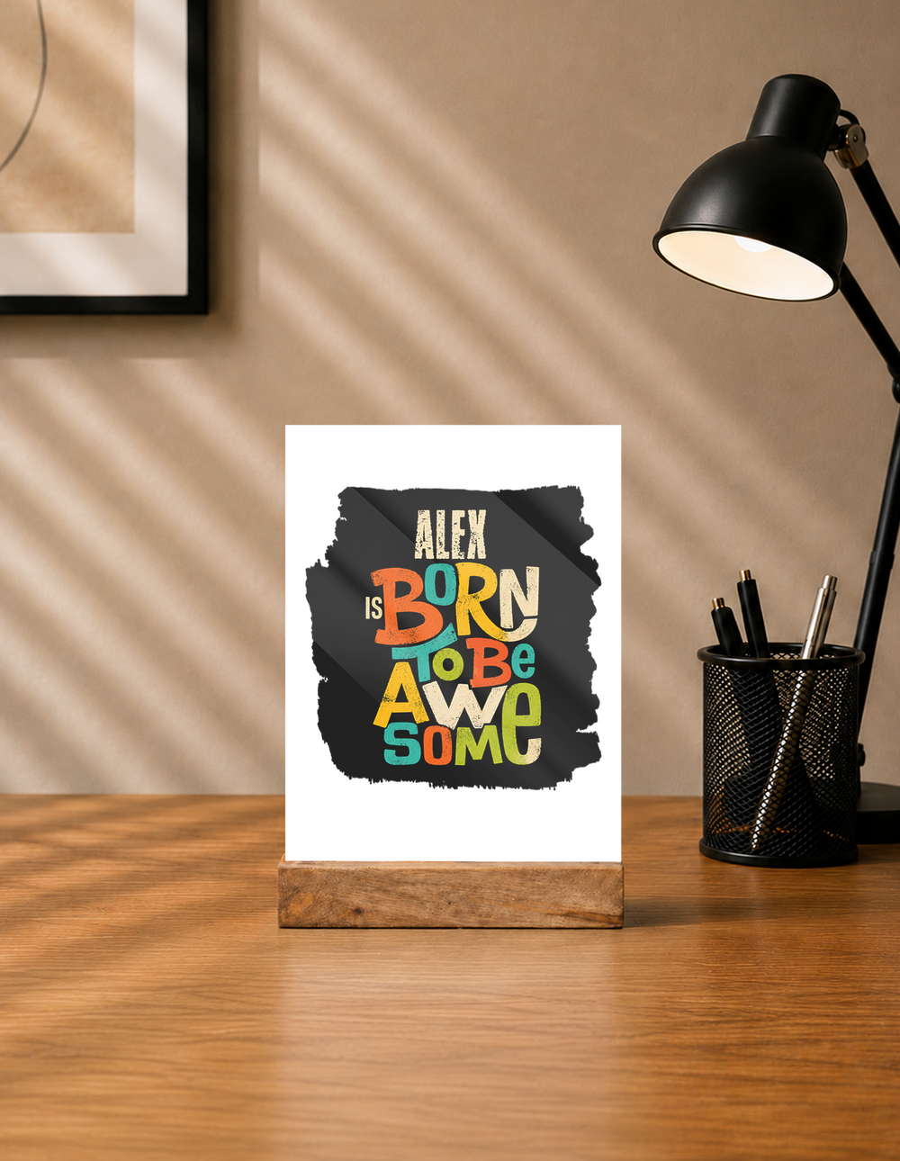 Acrylic Photo Frame with Stand | 5x7 Inch | Acrylic & Wood | UV Printed Tabletop Display | Universal | Personalized | Typography | Positivity | Self-worth | Birthdays | Positive | Born To Be Awesome - front - mockup 1