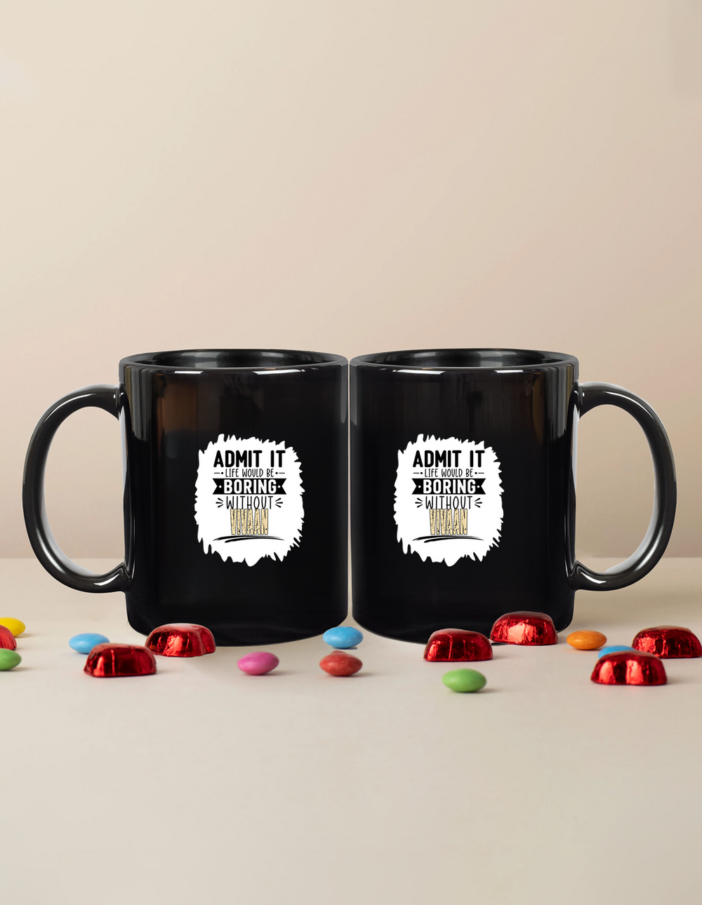 Black Coffee Mug | 11 oz | Ceramic | Fade-Proof | Unisex Adult | Personalized | Typography | Humor | Self-referential Statements | Everyday | Playful | Boring Without Me - front - mockup 1