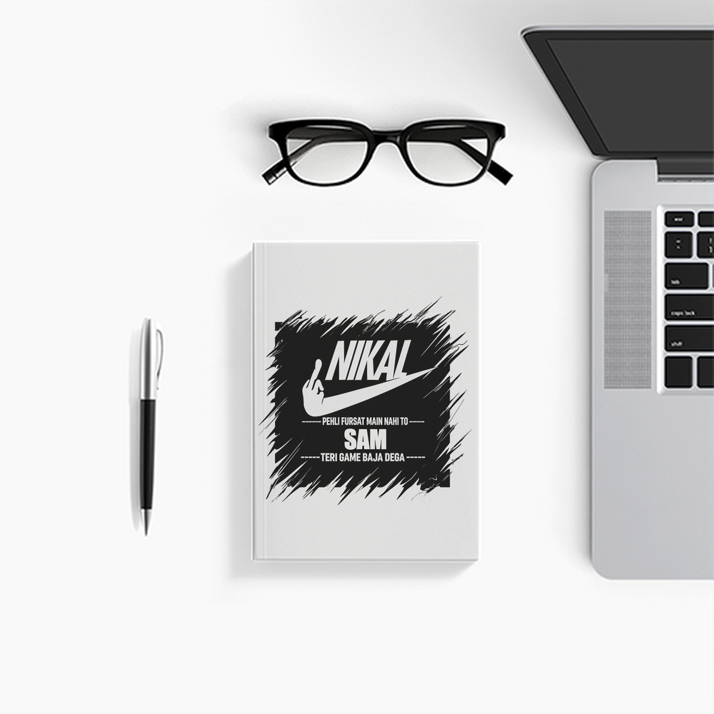 Notebook Journal | A5 Size | 300 GSM Cover, 70 GSM Eco-Friendly Pages | Soft Bound, Ruled/Unruled | Unisex | Personalized | Typography | Attitude | Humor | Everyday | Defiance | Desi Savage Warning - front - White - mockup 1