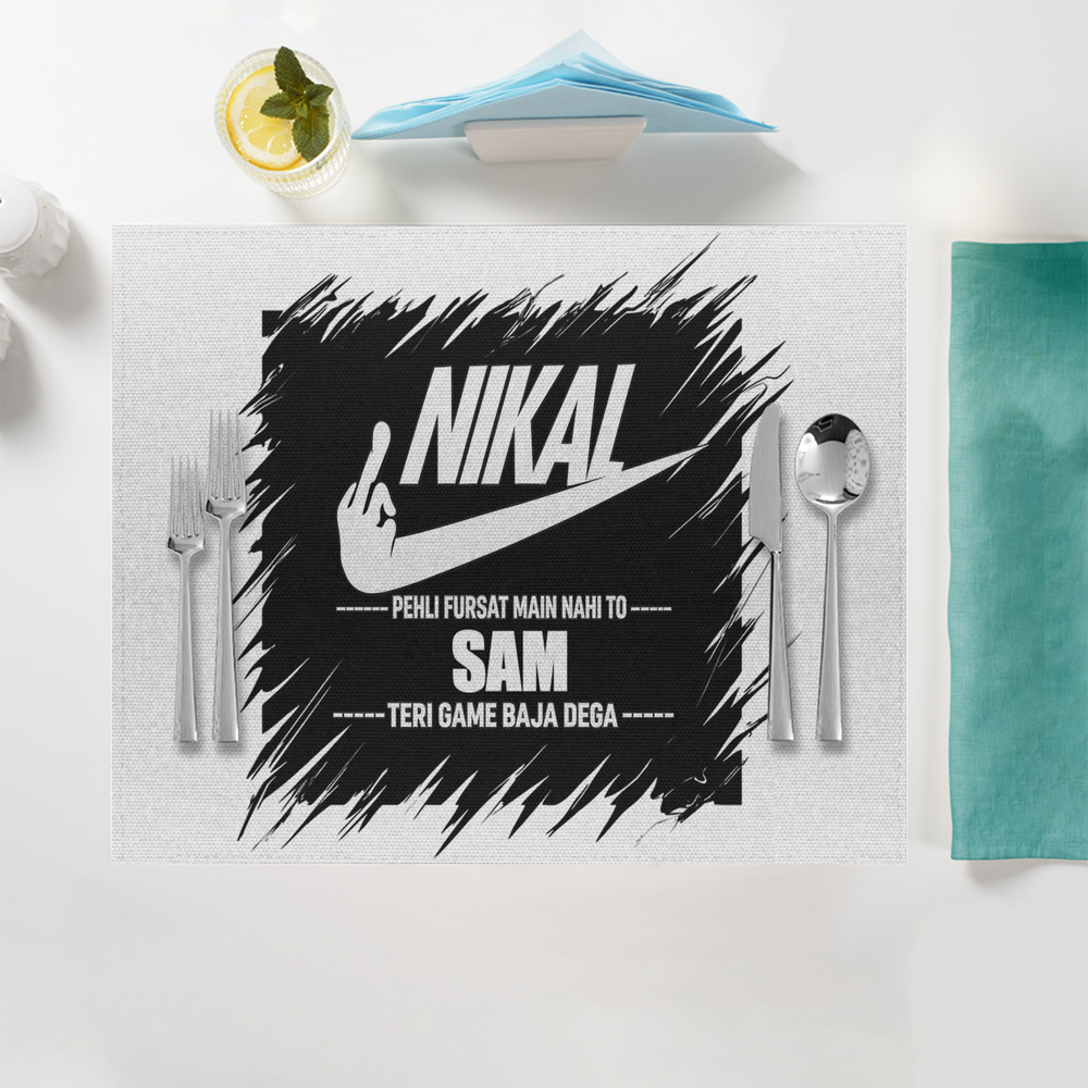 Placemat | Standard Dining | 100% Polyester | Durable, Fade-Proof, Soft | Unisex | Personalized | Typography | Attitude | Humor | Everyday | Defiance | Desi Savage Warning - front - White - mockup 1