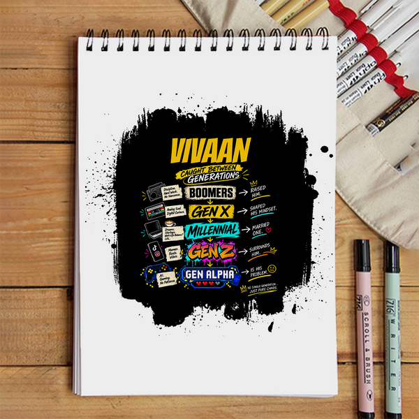 Sketchbook | A5 Size | 140 GSM Paper | Spiral Bound | Unisex | Personalized | Typography | Generations | Family Dynamics | Birthdays | Humorous | Caught Between Generations